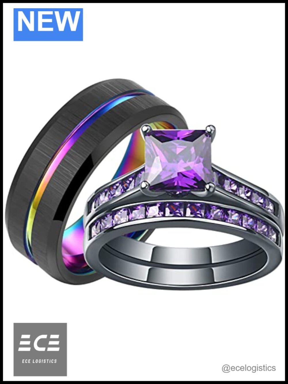 Princess CZ Tungsten Carbide Wedding Ring Set His Hers 18K Gold Plated